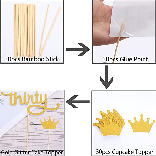 Gold Thirty Cake Topper Set - 1 Pcs f Gold Glitter Thirty Cake Topper And 30 Pcs Crown Cupcake Topper, Single-side Gold Glitter Paper 30th Birthday Men and Women Party Cake Decoration (gold03)