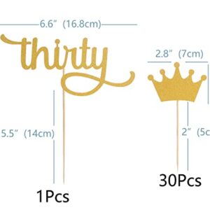 Gold Thirty Cake Topper Set - 1 Pcs f Gold Glitter Thirty Cake Topper And 30 Pcs Crown Cupcake Topper, Single-side Gold Glitter Paper 30th Birthday Men and Women Party Cake Decoration (gold03)