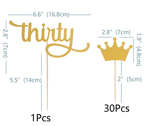 Gold Thirty Cake Topper Set - 1 Pcs f Gold Glitter Thirty Cake Topper And 30 Pcs Crown Cupcake Topper, Single-side Gold Glitter Paper 30th Birthday Men and Women Party Cake Decoration (gold03)