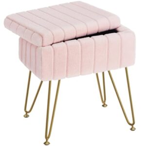 greenstell vanity stool chair faux fur with storage, 15.7"l x 11.8"w x 19.4"h soft ottoman 4 metal legs with anti-slip feet, furry padded seat, modern multifunctional chairs for makeup, bedroom pink