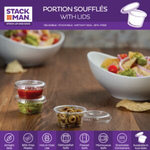 Mini Plastic Souffle Cups with Lids [2 oz - 100 Sets] Jello Shot Cups - 2oz Cup, Small Condiment & Snack Containers - Disposable 2 Ounce Plastic Portion Glasses & Lid for Sauce Dressing or Shots