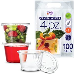[4 oz -100 count] disposable mini plastic souffle cups with lids- jello shot cups, jell-o portion cups, 4 ounce dipping sauce ramekins, salad dressing container cup ,small plastic condiment containers