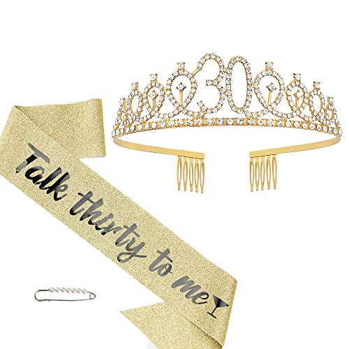 AOPRIE Birthday Crown for Women 30 Talk Thirty To Me Birthday Sash for Women Girls Gold Birthday Tiara 30th Birthday Gifts Her Him Decoration for Women Princess Crown Rhinestone Headband Happy Birthday Accessories