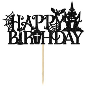 Black Glitter Halloween Happy Birthday Cake Topper, Birthday Witch/Rip Twenties, Halloween Themed Birthday Party Decorations