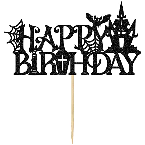 Black Glitter Halloween Happy Birthday Cake Topper, Birthday Witch/Rip Twenties, Halloween Themed Birthday Party Decorations