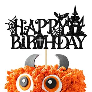 black glitter halloween happy birthday cake topper, birthday witch/rip twenties, halloween themed birthday party decorations