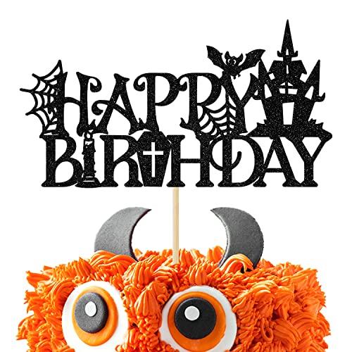 Black Glitter Halloween Happy Birthday Cake Topper, Birthday Witch/Rip Twenties, Halloween Themed Birthday Party Decorations