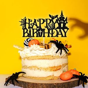 Black Glitter Halloween Happy Birthday Cake Topper, Birthday Witch/Rip Twenties, Halloween Themed Birthday Party Decorations