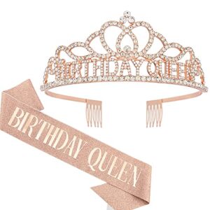aoprie birthday crown for women birthday queen sash for women birthday tiara for women birthday girl headband princess crown rhinestone happy birthday accessories rose gold