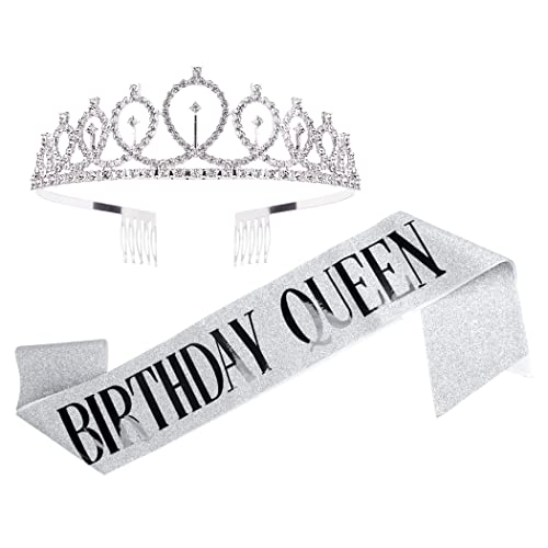 AOPRIE Birthday Crown for Women Birthday Queen Sash Silver Black Birthday Tiara for Women Princess Crown Rhinestone Happy Birthday Accessories Party Favor