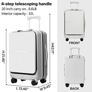 Hanke Carry On Luggage Airline Approved, TSA Luggage Lighiweight Carry On Suitcase hard shell Travel Luggage Suit Case with Wheels Rolling Luggage with Front Pocket(Grayish white)