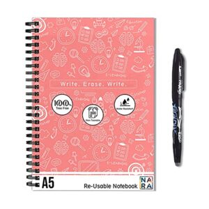nara smart reusable notebook | tree-free notebook with 1 pilot frixion pen and 1 microfiber cloth included (a5, coral pink)