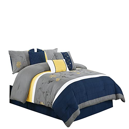 Chezmoi Collection Serene 7-Piece Luxury Autumn Floral Embroidery Comforter Set, California King, Navy/Gray/Yellow