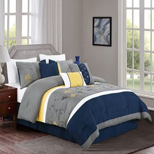 Chezmoi Collection Serene 7-Piece Luxury Autumn Floral Embroidery Comforter Set, California King, Navy/Gray/Yellow