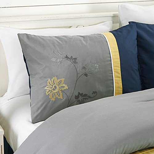 Chezmoi Collection Serene 7-Piece Luxury Autumn Floral Embroidery Comforter Set, California King, Navy/Gray/Yellow