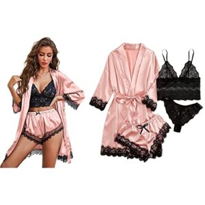 ciana women' silk satin pajamas set 4pcs lingerie floral lace cami sleepwear with robe (rose, large)