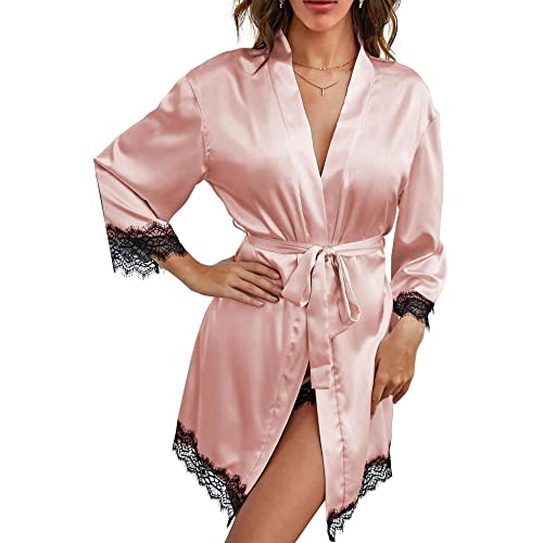 Ciana Women' Silk Satin Pajamas Set 4pcs Lingerie Floral Lace Cami Sleepwear with Robe (Rose, Large)