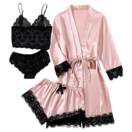 Ciana Women' Silk Satin Pajamas Set 4pcs Lingerie Floral Lace Cami Sleepwear with Robe (Rose, Large)