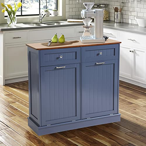 KIGOTY Dual Kitchen Trash Cabinet, Double Tilt Out Trash Can Cabinet with Countertop and Drawer, Free-Standing Pet Proof Recycling Cabinet Garbage Can Holder (Blue)