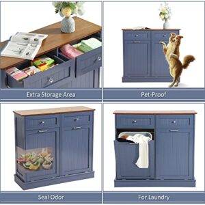 KIGOTY Dual Kitchen Trash Cabinet, Double Tilt Out Trash Can Cabinet with Countertop and Drawer, Free-Standing Pet Proof Recycling Cabinet Garbage Can Holder (Blue)