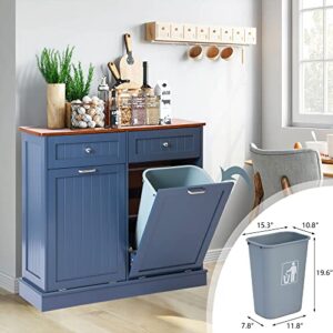 KIGOTY Dual Kitchen Trash Cabinet, Double Tilt Out Trash Can Cabinet with Countertop and Drawer, Free-Standing Pet Proof Recycling Cabinet Garbage Can Holder (Blue)