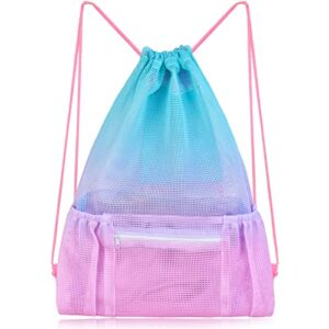 nidoul mesh drawstring bag with zipper pocket, beach bag for swimming gear backpack gym storage bag for adult kids (pink blue)