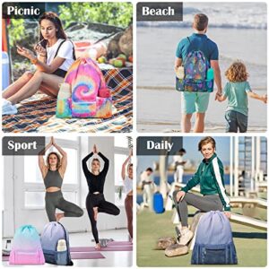 Nidoul Mesh Drawstring Bag with Zipper Pocket, Beach Bag for Swimming Gear Backpack Gym Storage Bag for Adult Kids (Pink Blue)