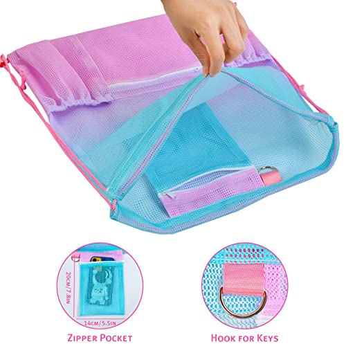 Nidoul Mesh Drawstring Bag with Zipper Pocket, Beach Bag for Swimming Gear Backpack Gym Storage Bag for Adult Kids (Pink Blue)