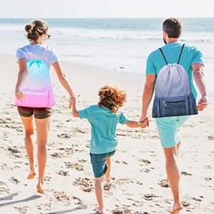 Nidoul Mesh Drawstring Bag with Zipper Pocket, Beach Bag for Swimming Gear Backpack Gym Storage Bag for Adult Kids (Pink Blue)