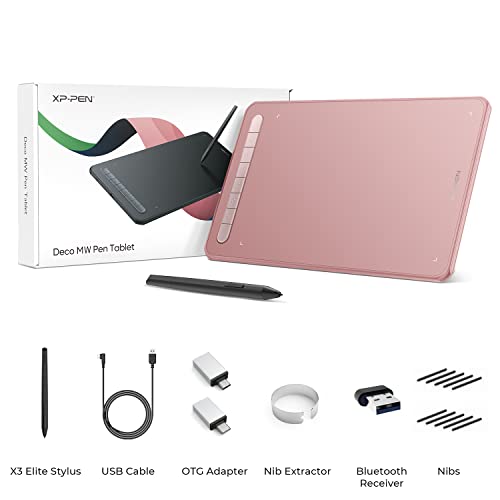 XPPen Drawing Tablet Deco MW Bluetooth Wireless Computer Graphics Tablet, Battery-Free X3 Stylus and 8 Shortcut Keys, Compatible with Chrome OS, Windows 7/8/10/11, Linux, Mac, Android(8x5 in, Pink)