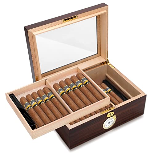 Bald Eagle Cedar Cigar Humidors with Hygrometer, Handcrafted Cigar Box with Humidifier, Glass Top Humidor Box with Cigar Accessories, Luxury Cigar Case Sapele Walnut Finish 35-60 Cigars