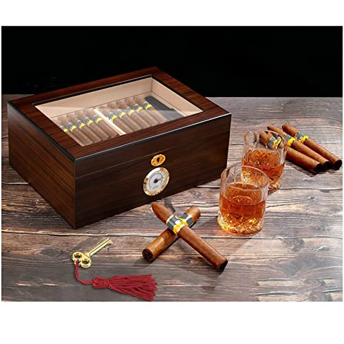 Bald Eagle Cedar Cigar Humidors with Hygrometer, Handcrafted Cigar Box with Humidifier, Glass Top Humidor Box with Cigar Accessories, Luxury Cigar Case Sapele Walnut Finish 35-60 Cigars