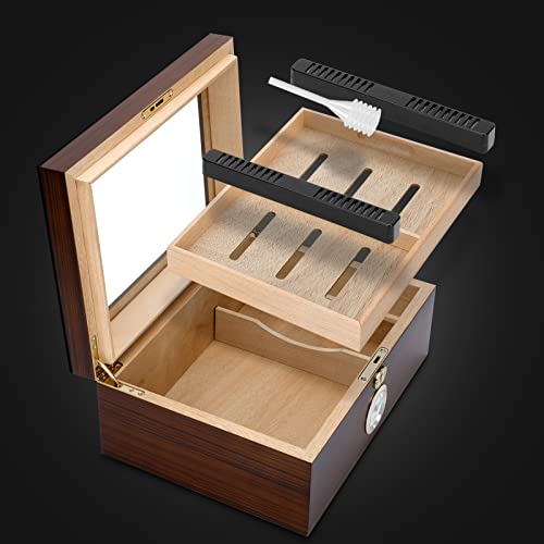 Bald Eagle Cedar Cigar Humidors with Hygrometer, Handcrafted Cigar Box with Humidifier, Glass Top Humidor Box with Cigar Accessories, Luxury Cigar Case Sapele Walnut Finish 35-60 Cigars