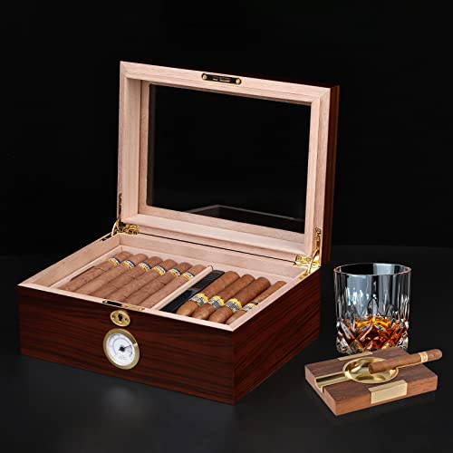 Bald Eagle Cedar Cigar Humidors with Hygrometer, Handcrafted Cigar Box with Humidifier, Glass Top Humidor Box with Cigar Accessories, Luxury Cigar Case Sapele Walnut Finish 35-60 Cigars