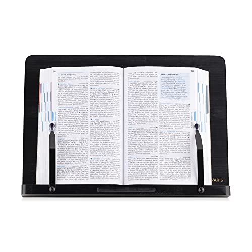 Navaris Bamboo Book Stand - Hands-Free Reading Recipe Cookbook Tablet Holder with 2 Adjustable Metal Page Holders with Grips - Bamboo Easel - Black