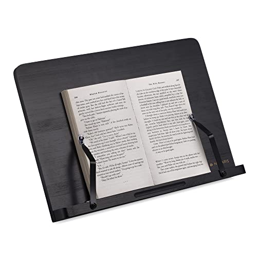 Navaris Bamboo Book Stand - Hands-Free Reading Recipe Cookbook Tablet Holder with 2 Adjustable Metal Page Holders with Grips - Bamboo Easel - Black