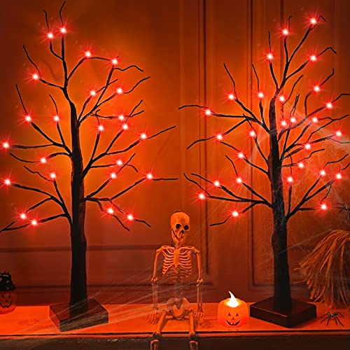 TURNMEON 2 Pack 24 Inch Halloween Birches Tree Decorations with Timer Total 48 LED Orange Lights Battery Powered Tabletop Artificial Black Spooky Tree for Halloween Decorations Indoor Home Decor