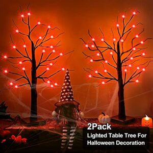 TURNMEON 2 Pack 24 Inch Halloween Birches Tree Decorations with Timer Total 48 LED Orange Lights Battery Powered Tabletop Artificial Black Spooky Tree for Halloween Decorations Indoor Home Decor