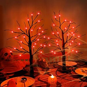 TURNMEON 2 Pack 24 Inch Halloween Birches Tree Decorations with Timer Total 48 LED Orange Lights Battery Powered Tabletop Artificial Black Spooky Tree for Halloween Decorations Indoor Home Decor