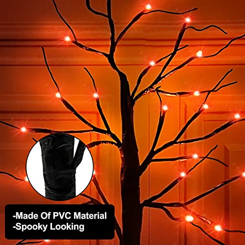 TURNMEON 2 Pack 24 Inch Halloween Birches Tree Decorations with Timer Total 48 LED Orange Lights Battery Powered Tabletop Artificial Black Spooky Tree for Halloween Decorations Indoor Home Decor