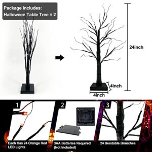 TURNMEON 2 Pack 24 Inch Halloween Birches Tree Decorations with Timer Total 48 LED Orange Lights Battery Powered Tabletop Artificial Black Spooky Tree for Halloween Decorations Indoor Home Decor