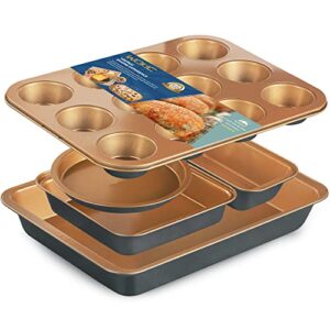 wokic nonstick baking pans set - 5-piece baking sheet with round cake pan, square cake pan, loaf pan, muffin pan, and roasting pan, dishwasher safe, oven safe, and easy to clean