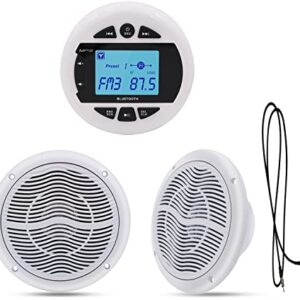 Herdio Marine Radio and Speakers Set Compatable with Bluetooth, Marine Gauge Head Unit+6.5 Inch Marine Flush Wall Mount Ceiling Speakers+Rubber Flexible Mast FM AM Antenna White