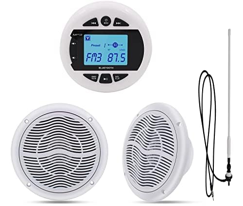 Herdio Marine Radio and Speakers Set Compatable with Bluetooth, Marine Gauge Head Unit+6.5 Inch Marine Flush Wall Mount Ceiling Speakers+Rubber Flexible Mast FM AM Antenna White