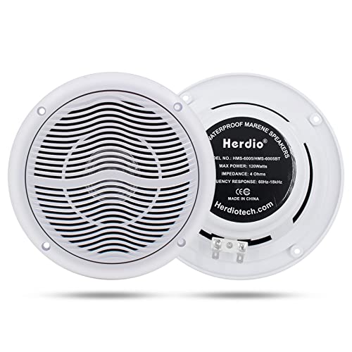 Herdio Marine Radio and Speakers Set Compatable with Bluetooth, Marine Gauge Head Unit+6.5 Inch Marine Flush Wall Mount Ceiling Speakers+Rubber Flexible Mast FM AM Antenna White