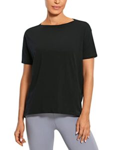 crz yoga women's pima cotton short sleeve shirts loose fit gym workout t-shirt athletic casual tops black medium