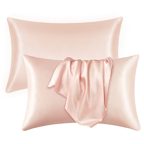 FOX-TECH Satin Pillowcase for Hair and Skin Set of 2, Super Soft and Smooth Pillowcase with Envelope Closure, Silk Pillow Case Queen 2 Pack, 20” x 30” (Light Pink)