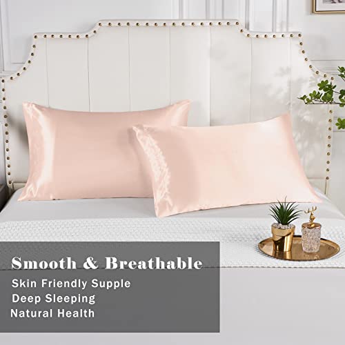 FOX-TECH Satin Pillowcase for Hair and Skin Set of 2, Super Soft and Smooth Pillowcase with Envelope Closure, Silk Pillow Case Queen 2 Pack, 20” x 30” (Light Pink)