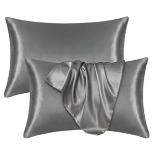 FOX-TECH Satin Pillowcase for Hair and Skin Set of 2, Super Soft and Smooth Pillowcase with Envelope Closure, Silk Pillow Case Queen 2 Pack, 20” x 30” (Dark Grey)