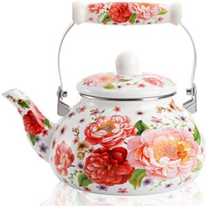 deayou 2.6 quart enamel tea kettle stovetop, large porcelain enameled teakettle, 2.5l vintage tea pot with ceramic cool handle, colorful floral steel teapot for hot water, retro decor, no whistling